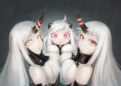 Rule 34 | 10s, 3girls, abyssal ship, ahoge, apoidea, artist request, bare shoulders, breast press, breasts, colored skin, detached sleeves, dress, gradient background, horns, kantai collection, large breasts, long hair, looking at viewer, mittens, multiple girls, northern ocean princess, open mouth, pale skin, red eyes, ribbed dress, seaport princess, seaport water oni, short dress, single horn, symmetrical docking, very long hair, white dress, white hair, white skin