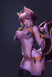 Rule 34 | 1girl, animal ears, antenna hair, black thighhighs, blazblue, breasts, cleft of venus, clenched hand, cowboy shot, eva solo, finger in own mouth, fingerless gloves, gloves, highres, large breasts, lips, makoto nanaya, microskirt, midriff, navel, nipples, no panties, nose, orange skirt, perky breasts, pussy, red eyes, revealing clothes, skirt, solo, squirrel ears, squirrel tail, standing, tail, thighhighs, tonfa, uncensored, vest, weapon