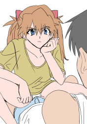 Rule 34 | 1boy, 1girl, :/, absurdres, ass, blue eyes, breasts, brown hair, expressionless, eywy4324, feet out of frame, girl on top, hair between eyes, hair ornament, hetero, highres, ikari shinji, long hair, looking at another, navel, neon genesis evangelion, panties, sexually suggestive, shirt, short hair, simple background, sitting, sitting on person, souryuu asuka langley, two side up, underwear, very long hair, white background, white panties, wide hips, yellow shirt