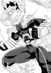 Rule 34 | 1boy, bara, beard, blue bodysuit, bodysuit, boku no hero academia, bulge, covered abs, covered navel, endeavor (boku no hero academia), facial hair, feet out of frame, fighting stance, fingerless gloves, fire, gloves, gluteal fold, greyscale, highres, large pectorals, looking to the side, male focus, mature male, monochrome, muscular, muscular male, p (pppppppppq), pectorals, scar, scar across eye, scar on face, short hair, sideburns, skin tight, solo, spiked hair, thick thighs, thighs