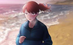 Rule 34 | 10s, alternate costume, beach, brown eyes, brown hair, commentary request, jacket, jogging, kaga (kancolle), kantai collection, ocean, open mouth, shirt, side ponytail, solo, sunset, sweat, t-shirt, track jacket, waves, yue (tada no saboten)