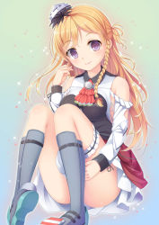 Rule 34 | 10s, 1girl, ascot, bare shoulders, blonde hair, blush, boots, bridal garter, brown eyes, convenient leg, dress, full body, grey footwear, hat, headdress, highres, kantai collection, knee boots, long hair, looking at viewer, mini hat, miniskirt, personification, red eyes, skirt, smile, solo, sparkle, thighs, umitonakai, zara (kancolle), zara due (kancolle)