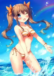 Rule 34 | 1girl, ;d, bare arms, bare shoulders, bikini, bikini under clothes, blue eyes, blue sky, blush, bow, breasts, brown hair, cleavage, cloud, day, ezoshika, fang, fingernails, groin, hair between eyes, hair bow, halterneck, highres, horizon, long hair, looking at viewer, medium breasts, navel, ocean, one eye closed, open mouth, orange bow, original, outdoors, rainbow, side-tie bikini bottom, sky, smile, solo, standing, string bikini, striped bikini, striped clothes, swimsuit, twintails, very long hair, wading, water, water drop
