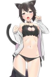 Rule 34 | 10s, 1girl, :o, ama mitsuki, animal ears, ass, bare shoulders, bell, black bra, black eyes, black hair, black panties, black skirt, blush, bra, breasts, cat cutout, cat ear panties, cat ears, cat lingerie, cat tail, choker, cleavage, cleavage cutout, clothes pull, clothing cutout, collar, collarbone, closed eyes, fangs, gluteal fold, hayasui (kancolle), jacket, jingle bell, kantai collection, long sleeves, looking at viewer, medium breasts, meme attire, midriff, navel, neck bell, open clothes, open jacket, open mouth, open shirt, panties, paw pose, shirt, short hair, side-tie panties, grey eyes, simple background, skirt, skirt pull, unworn skirt, solo, standing, stomach, tail, thigh gap, thighs, third-party edit, track jacket, underwear, white background, zipper