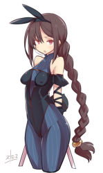 Rule 34 | 1girl, adapted costume, animal ears, arms behind back, bare shoulders, black leotard, blue bodysuit, blush, bodysuit, bodysuit under clothes, braid, breasts, covered erect nipples, cropped legs, earphones, fake animal ears, fake tail, fate/grand order, fate (series), highleg, highleg leotard, leotard, long hair, pantyhose, pink eyes, playboy bunny, rabbit ears, rabbit tail, sidelocks, signature, simple background, single braid, small breasts, solo, striped, stroma, tail, v-shaped eyebrows, vertical stripes, very long hair, white background, yu mei-ren (fate), yu mei-ren (first ascension) (fate)
