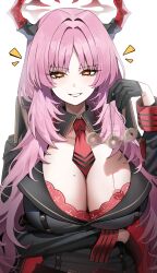 Rule 34 | 1girl, absurdres, black gloves, blue archive, breasts, cleavage, coin, coin on string, commentary, demon girl, demon horns, detached collar, gloves, halo, highres, horns, hypnosis, jeze, large breasts, long hair, long sleeves, looking at viewer, military uniform, mind control, mole, mole on breast, necktie, orange eyes, parted bangs, parted lips, pink hair, red necktie, satsuki (blue archive), sidelocks, simple background, solo, symbol-only commentary, uniform, white background
