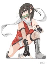 Rule 34 | 10s, 1girl, absurdres, amu (258shin), arm support, armor, black eyes, black gloves, black hair, blush, boots, breasts, cleavage, commentary, dress, fingerless gloves, fishnet thighhighs, fishnets, foreshortening, full body, fundoshi, gloves, greaves, hair between eyes, hair ornament, head tilt, high heel boots, high heels, highres, holding, holding weapon, japanese clothes, kantai collection, kuji-in, kunai, large breasts, mouth hold, ninja, on one knee, red dress, scarf, scroll, sendai (kancolle), shadow, shuriken, simple background, sleeveless, sleeveless dress, solo, sparkle, spread legs, thighhighs, thighs, twitter username, two side up, v-shaped eyebrows, weapon, white background, white scarf