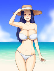 Rule 34 | 1girl, bandeau, bikini, blue hair, breasts, cleavage, hand on headwear, hat, hip focus, huge breasts, idolmaster, idolmaster (classic), kawanuma uotsuri, large breasts, long hair, miura azusa, navel, o-ring, o-ring top, open mouth, red eyes, smile, solo, straw hat, swimsuit, water, wide hips