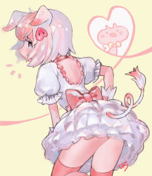 Rule 34 | 1girl, animal ears, ass, back bow, black eyes, bow, commentary request, dress, from behind, gloves, hair ornament, hairclip, heart, highres, kemono friends, leaning forward, multicolored hair, noamem, petticoat, pig (kemono friends), pig ears, pig tail, pink bow, pink hair, pink thighhighs, puffy short sleeves, puffy sleeves, short hair, short sleeves, signature, silver hair, simple background, solo, tail, thighhighs, white dress, white gloves, yellow background
