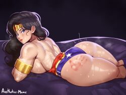 Rule 34 | 1girl, absurdres, aestheticc-meme, armlet, ass, bare shoulders, black hair, blue eyes, breasts, closed mouth, dc comics, highres, large breasts, leotard, leotard pull, lips, looking at viewer, lying, muscular, muscular female, on stomach, red lips, sideboob, slap mark, smile, solo, spanked, tiara, wonder woman