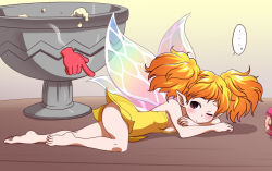 Rule 34 | ..., 1girl, ;(, bare arms, bare legs, bare shoulders, barefoot, blonde hair, blush, breasts, brown eyes, chalice, cleavage, closed mouth, crossed arms, cup, dragon&#039;s crown, dress, fairy, fairy wings, full body, lying, medium breasts, nollety, on side, pointy ears, short dress, short hair, solo, speech bubble, spoken ellipsis, strapless, strapless dress, tiki (dragon&#039;s crown), twintails, wings, yellow dress