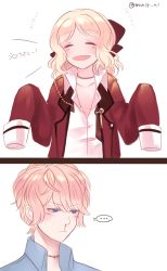 Rule 34 | ..., 1boy, 1girl, blonde hair, blood, blue eyes, blush, choker, closed mouth, collarbone, comic, cosplay, diabolik lovers, closed eyes, flat chest, hair ornament, hair ribbon, half-closed eyes, highres, jacket, jewelry, jitome, komori yui, long sleeves, looking at another, loose clothes, manmosu, necklace, nosebleed, open mouth, petite, rejet, ribbon, sakamaki shuu, simple background, smile, translated, twitter username, uniform, upper body, white background