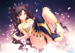 Rule 34 | 1girl, anklet, armlet, ass, asymmetrical legwear, atdan, bare arms, bare legs, bare shoulders, barefoot, black hair, black panties, black ribbon, blue thighhighs, breasts, cameltoe, cleavage, crown, earrings, fate/grand order, fate (series), feet, female focus, foot focus, full body, gem, hair ribbon, hoop earrings, ishtar (fate), jewelry, knees up, legs, legs up, long hair, looking at viewer, lying, md5 mismatch, medium breasts, midriff, naughty face, navel, neck, neck ring, no shoes, on back, panties, partially visible vulva, petals, red eyes, revealing clothes, ribbon, single thighhigh, smile, soles, solo, strapless, thighhighs, thighlet, toeless legwear, toes, tohsaka rin, two side up, type-moon, underwear, uneven legwear, very long hair