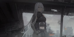 Rule 34 | 1girl, absurdres, ak-15 (girls&#039; frontline), armor, black gloves, blurry, blurry background, breasts, chihuri, closed mouth, commentary, cowboy shot, english commentary, fire, girls&#039; frontline, gloves, grey sky, highres, long hair, looking at viewer, midriff, navel, pouch, purple eyes, shoulder armor, silver hair, sky, smoke, solo, very long hair