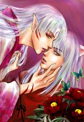 Rule 34 | 2boys, androgynous, animal ears, artist request, bishounen, brothers, bug, butterfly, claws, demon boy, dog ears, flower, incest, bug, inuyasha, inuyasha (character), long hair, male focus, multiple boys, pointy ears, sesshoumaru, white hair, yaoi, yellow eyes
