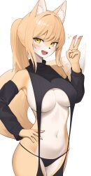 Rule 34 | 1girl, absurdres, anima nose, animal ears, black panties, black sleeves, black sweater, blush, breasts, detached sleeves, fox ears, fox girl, furry, furry female, highres, jeifier (korfiorano01), large breasts, looking at viewer, meme attire, navel, open mouth, original, panties, simple background, solo, sonout, sweater, teeth, underwear, upper teeth only, v, virgin destroyer sweater, white background, yellow eyes