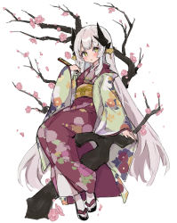 Rule 34 | 1girl, absurdres, black footwear, blush, brown kimono, commentary request, fate/grand order, fate (series), floral print, flower, full body, hand up, highres, in tree, japanese clothes, kimono, kiyohime (fate), long hair, long sleeves, looking at viewer, mola mola, obi, off shoulder, open clothes, parted lips, petals, pink flower, print kimono, sandals, sash, silver hair, simple background, sitting, sleeves past wrists, solo, tabi, tree, very long hair, white background, white legwear, wide sleeves, yellow eyes, zouri