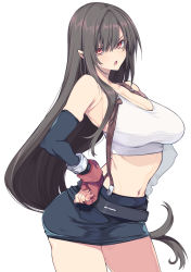 Rule 34 | 10mo, 1girl, armpits, bare shoulders, black hair, breasts, cleavage, detached sleeves, elbow gloves, final fantasy, final fantasy vii, gloves, hand on own hip, highres, large breasts, long hair, looking at viewer, low-tied long hair, midriff, navel, open mouth, red eyes, red gloves, sideboob, simple background, skirt, solo, square enix, stomach, suspender skirt, suspenders, tank top, thighs, tifa lockhart, white background, white tank top