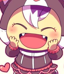 Rule 34 | 1girl, animal hood, black jacket, black skirt, blush, cat hood, closed eyes, dragon quest, dragon quest x, eyelashes, fangs, hair between eyes, hands on own face, happy, heart, hood, jacket, kotorai, long sleeves, open mouth, outline, pink outline, puklipo, simple background, skirt, solo, white background