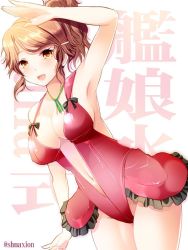 Rule 34 | 10s, 1girl, aquila (kancolle), breasts, brown eyes, center opening, covered erect nipples, dress, hair ornament, hairclip, kadokawa shoten, kantai collection, large breasts, maki (seventh heaven maxion), navel, no bra, ponytail, red dress, simple background, solo, twitter username, white background