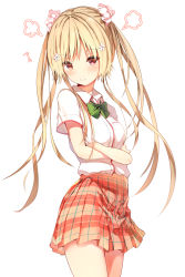 Rule 34 | blonde hair, blush, bow, breasts, character request, closed mouth, collared shirt, cowboy shot, crossed arms, flower, green bow, hair flower, hair ornament, kawaikereba hentai demo suki ni natte kuremasu ka?, long hair, looking at viewer, looking to the side, pleated skirt, red eyes, red skirt, school uniform, shirt, short sleeves, skirt, small breasts, solo, sune (mugendai), twintails, very long hair, white flower, white shirt