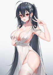 Rule 34 | 1girl, :d, absurdres, ahoge, armlet, armpits, azur lane, bare arms, bare shoulders, black hair, blush, breasts, cleavage, collarbone, commentary request, cowboy shot, dress, flower, garter straps, gradient background, hair between eyes, hair flower, hair ornament, highres, large breasts, long hair, looking at viewer, navel, no panties, official alternate costume, one side up, open mouth, pelvic curtain, red eyes, see-through, sleeveless, sleeveless dress, smile, solo, taihou (azur lane), taihou (temptation on the sea breeze) (azur lane), thighhighs, tongue, v, very long hair, white background, white dress, white thighhighs, xi (377684317)