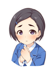 Rule 34 | 1girl, bad id, bad pixiv id, black hair, blue jacket, blush, collared shirt, cropped torso, eyebrows, hair ornament, hairclip, hands up, idolmaster, idolmaster cinderella girls, jacket, long sleeves, looking at viewer, matsuo chizuru, own hands together, parted lips, purple eyes, shirt, short hair, simple background, solo, swept bangs, thick eyebrows, uccow, upper body, white background, white shirt