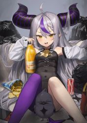 Rule 34 | 1girl, absurdres, ahoge, armpits, bare shoulders, bird, black dress, blush, bottle, can, chips (food), convenient censoring, crow (la+ darknesss), demon horns, detached sleeves, dress, feet out of frame, food, grey hair, hair between eyes, hair on horn, highres, holding, holding bottle, hololive, horns, juice, la+ darknesss, long hair, long sleeves, looking at viewer, lying, multicolored hair, on back, open mouth, orange juice, pointy ears, potato chips, purple hair, purple thighhighs, reclining, single leg pantyhose, single thighhigh, sitting, smile, smug, solo, streaked hair, tail, thighhighs, trash bag, v-shaped eyebrows, very long hair, virtual youtuber, xi xeong, yellow eyes