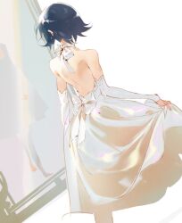 Rule 34 | 1girl, backless dress, backless outfit, dress, ebi draw, from behind, original, short hair, solo, white dress