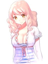 Rule 34 | 10s, 1girl, breasts, casual, center opening, cleavage, drill hair, katawa shoujo, large breasts, mikado shiina, naso4, pink hair, quad tails, shirt, solo, striped clothes, striped shirt, yellow eyes