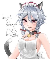 Rule 34 | 1girl, alternate costume, animal ears, artist name, bad id, bad pixiv id, bare shoulders, bell, black choker, blush, bow, braid, breasts, camisole, cat ears, cat tail, character name, choker, cleavage, collarbone, commentary, covered erect nipples, eyelashes, eyeshadow, fang, hair between eyes, hair bow, highres, izayoi sakuya, jingle bell, kemonomimi mode, looking at viewer, maid headdress, makeup, medium breasts, minugi, mole, neck bell, parted lips, red bow, red eyes, short hair, signature, silver hair, simple background, smile, solo, tail, touhou, tsurime, twin braids, upper body, white background