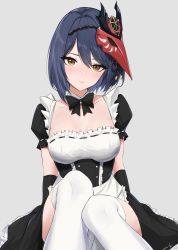 Rule 34 | 1girl, absurdres, alternate costume, apron, black bow, black dress, blue hair, bow, breasts, collarbone, commentary, detached collar, dress, english commentary, enmaided, feint721, frilled dress, frills, genshin impact, grey background, hair between eyes, hair ornament, highres, knees together feet apart, kujou sara, maid, maid apron, mask, mask on head, parted lips, puffy short sleeves, puffy sleeves, short hair, short sleeves, signature, simple background, solo, thighhighs, white thighhighs