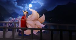 Rule 34 | 1girl, animal ear fluff, animal ears, blonde hair, blush, bug, cherry blossoms, cloud, firefly, fox ears, fox girl, fox tail, full body, full moon, hat, hirume of heavenly incense, highres, hirume of heavenly incense, insect, kitsune, korean clothes, kyuubi, last origin, looking at viewer, looking to the side, moon, moonlight, multiple tails, night, night sky, official art, open mouth, outdoors, petals, sky, smile, snowball22, solo, tail, tree, wide sleeves, yellow eyes