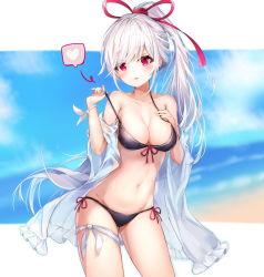 Rule 34 | 1girl, bad id, bad pixiv id, beach, bikini, blue sky, blurry, blurry background, blush, breasts, cleavage, collarbone, contrapposto, cowboy shot, dana (hapong07), day, front-tie bikini top, front-tie top, groin, hair ribbon, hand on own chest, heart, highres, long hair, looking at viewer, medium breasts, mole, mole under eye, navel, ocean, open mouth, original, outdoors, outside border, pink eyes, ponytail, ribbon, shawl, side-tie bikini bottom, sky, solo, spoken heart, standing, stomach, strap gap, strap lift, swimsuit, very long hair, white hair