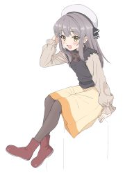 Rule 34 | 1girl, :d, absurdres, black pantyhose, black shirt, blouse, boots, brown eyes, copyright request, cue!, full body, grey hair, hand up, hat, highres, long hair, long sleeves, looking at viewer, open mouth, pantyhose, red footwear, shirt, simple background, sincos, sitting, skirt, smile, solo, white background, white hat, yellow skirt