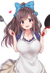 Rule 34 | 1girl, :d, apron, blue bow, blue shirt, blush, bow, breasts, brown hair, brown skirt, cleavage, collarbone, commentary request, frilled apron, frills, frying pan, hair bow, hands up, heart, high ponytail, highres, holding, holding ladle, holding pan, idolmaster, idolmaster shiny colors, jewelry, lace, lace-trimmed skirt, lace trim, ladle, large breasts, long hair, looking at viewer, minikon, necklace, open mouth, pleated skirt, puffy short sleeves, puffy sleeves, red eyes, shirt, short sleeves, simple background, skirt, smile, solo, swept bangs, tareme, teeth, tsukioka kogane, upper body, upper teeth only, white background