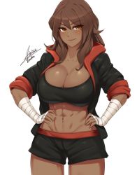 Rule 34 | 1girl, abs, airisubaka, bandaged hand, bandages, breasts, brown eyes, brown hair, cleavage, closed mouth, commentary, dark-skinned female, dark skin, english commentary, hair between eyes, hands on own hips, jacket, large breasts, long hair, muscular, muscular female, navel, open clothes, open jacket, original, shorts, sleeves rolled up, smile, solo, sports bra, thighs
