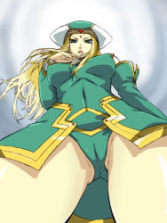 Rule 34 | 1girl, blonde hair, breasts, breasts apart, cameltoe, freya (valkyrie profile), from below, green eyes, large breasts, long hair, michael f91, solo, valkyrie profile (series)