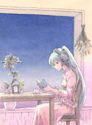 Rule 34 | 1girl, book, chair, commentary, cup, epoxy putty, feet out of frame, hanging plant, hatsune miku, headphones, highres, holding, holding book, indoors, long skirt, night, painting (medium), plant, potted plant, reading, sitting, skirt, smile, solo, table, teacup, traditional media, vocaloid, watercolor (medium)