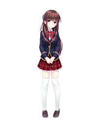 Rule 34 | 1girl, absurdres, amatsu kanata, blazer, brown hair, full body, girlfriend (kari), half updo, highres, jacket, loafers, long hair, long sleeves, looking at viewer, official art, over-kneehighs, own hands together, plaid, plaid skirt, pleated skirt, red eyes, shoes, simple background, skirt, smile, solo, thighhighs, transparent background, v arms, white background, white thighhighs