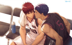 Rule 34 | 2boys, aomine daiki, basketball uniform, blue eyes, blue hair, bottle, chair, eye contact, feet out of frame, jersey, kagami taiga, kuroko no basuke, looking at another, male focus, multiple boys, parted lips, red eyes, red hair, short hair, shorts, signature, sitting, sportswear, sweatdrop, tan, teeth, towel, water bottle, white background, white towel, zawar379