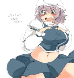 Rule 34 | 1girl, blush, breasts, eyebrows, female focus, green eyes, hat, huge breasts, image sample, iroyopon, letty whiterock, light purple hair, md5 mismatch, midriff, navel, open mouth, pixiv sample, plump, solo, thick eyebrows, touhou, translation request