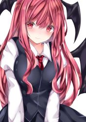 Rule 34 | 1girl, bat wings, black skirt, black vest, blush, breasts, closed mouth, collared shirt, commentary request, hair between eyes, head wings, highres, juliet sleeves, koakuma, long hair, long sleeves, looking at viewer, medium breasts, nanase nao, necktie, puffy sleeves, red eyes, red hair, red necktie, shirt, simple background, skirt, smile, solo, touhou, upper body, very long hair, vest, white background, white shirt, wing collar, wings