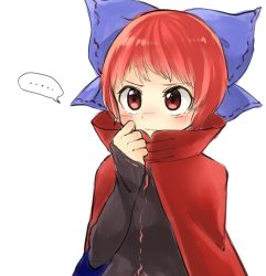 Rule 34 | ..., 1girl, bad id, bad twitter id, blue bow, blush, bow, cape, closed mouth, commentary, hair bow, hand up, high collar, long sleeves, nose blush, one-hour drawing challenge, red cape, red hair, sasa kichi, sekibanki, sleeves past wrists, solo, spoken ellipsis, touhou, upper body