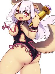 Rule 34 | 1girl, akanehanagoi, breasts, dog, furry, furry female, highres, long hair, nipples, open mouth, pink hair, red eyes, solo