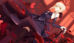 Rule 34 | 1girl, artoria pendragon (all), artoria pendragon (fate), bare shoulders, black dress, black thighhighs, blonde hair, braid, breasts, criss-cross halter, detached sleeves, dress, dutch angle, excalibur morgan (fate), expressionless, fate/stay night, fate (series), french braid, hair ribbon, halterneck, highres, indoors, looking at viewer, motion blur, petals, ribbon, rose petals, saber (fate), saber alter, small breasts, solo, sword, thighhighs, weapon, yangsion, yellow eyes