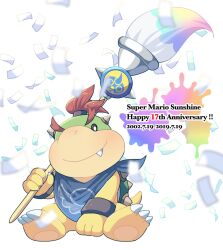 Rule 34 | 1boy, anniversary, bandana, blue bandana, blurry, bowser jr., bracelet, bright pupils, brown eyes, claws, closed mouth, commentary request, confetti, dated, depth of field, english text, fang, fang out, full body, hand up, holding, holding paintbrush, horns, hoshikuzu pan, jewelry, looking at viewer, male focus, mario (series), nintendo, no humans, paint splatter, paintbrush, red hair, shell, simple background, sitting, smile, solo, spiked shell, spikes, super mario sunshine, turtle shell, white background, white pupils