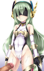 Rule 34 | 1girl, bare shoulders, black gloves, blindfold, censored, collar, cum, cum on body, cum on clothes, cum on lower body, detached sleeves, emil chronicle online, gloves, green hair, hair ornament, hairband, highres, leotard, lock, looking at viewer, mosaic censoring, penis, shimo (depthbomb), solo, solo focus, thighhighs