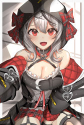Rule 34 | 1girl, absurdres, bare shoulders, blush, bow, breasts, cleavage, collarbone, fang, grey hair, hair ornament, heart collar, highres, hololive, large breasts, looking at viewer, open mouth, red bow, red eyes, sakamata chloe, short hair, skin fang, smile, solo, virtual youtuber, weyas kayur, x hair ornament