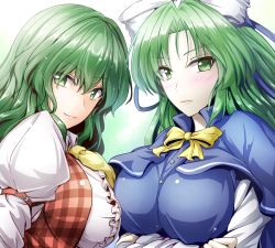Rule 34 | &gt;:), 2girls, arm garter, ascot, blush, bow, bowtie, breast hold, breast press, breasts, buttons, capelet, closed mouth, collared shirt, crossed arms, dress shirt, green eyes, green hair, hair bow, hair intakes, juliet sleeves, kazami yuuka, large breasts, long hair, long sleeves, looking at viewer, looking to the side, mima (touhou), multiple girls, open clothes, open vest, plaid, plaid vest, puffy sleeves, shirt, smile, stage connection, symmetrical docking, touhou, touhou (pc-98), trait connection, upper body, v-shaped eyebrows, vest, white bow, y2, yellow bow, yellow bowtie